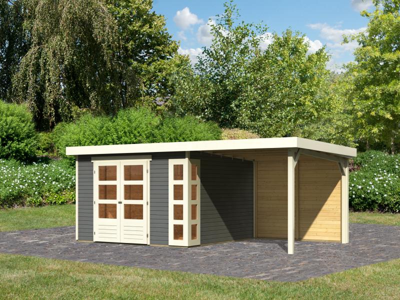 Karibu Gartenhaus Kerko 6 terragrau mit 2,40 m Anbaudach inkl. Rückwand