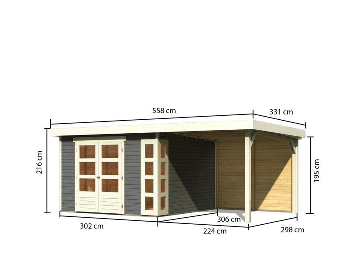 Karibu Gartenhaus Kerko 6 terragrau mit 2,40 m Anbaudach inkl. Rückwand