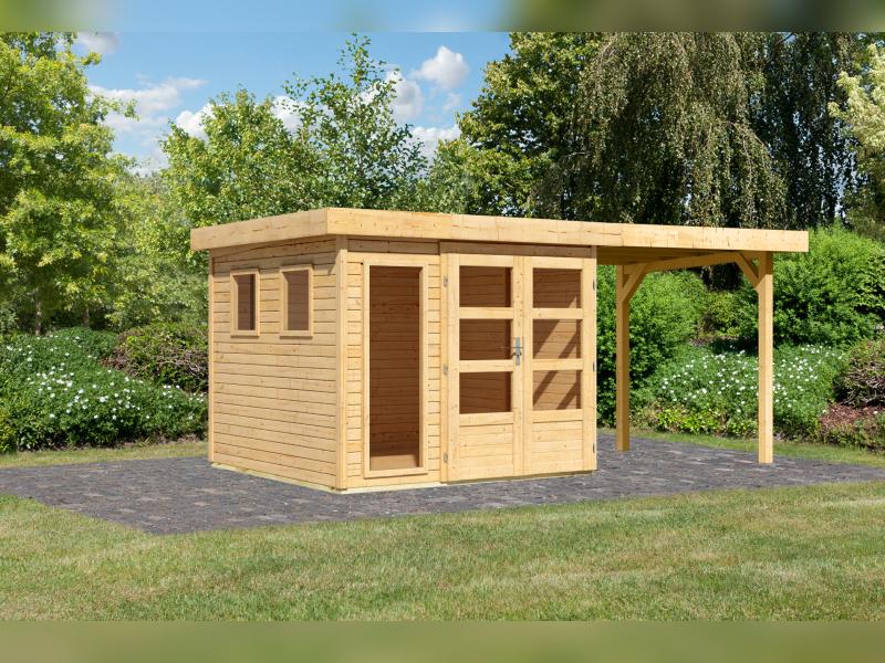 Karibu Gartenhaus Lahar 3,5, natur, inkl. Anbaudach 2,40 m Breite