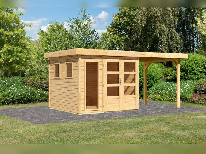 Karibu Gartenhaus Lahar 3,5, natur, inkl. Anbaudach 2,40 m Breite