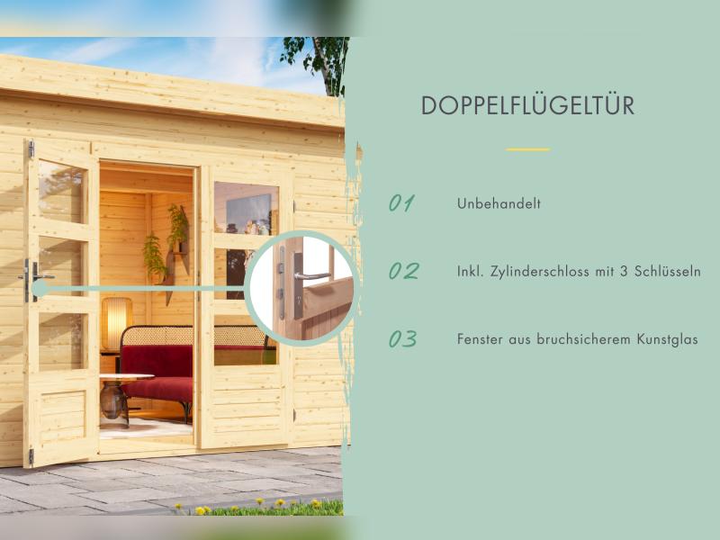 Karibu Gartenhaus Lahar 3,5, natur, inkl. Anbaudach 2,40 m Breite