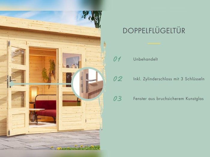 Karibu Gartenhaus Lahar 3,5, natur, inkl. Anbaudach 2,40 m Breite