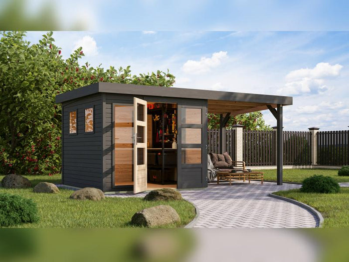 Karibu Gartenhaus Lahar 3,5, terragrau komplett, inkl. Anbaudach 2,40 m Breite