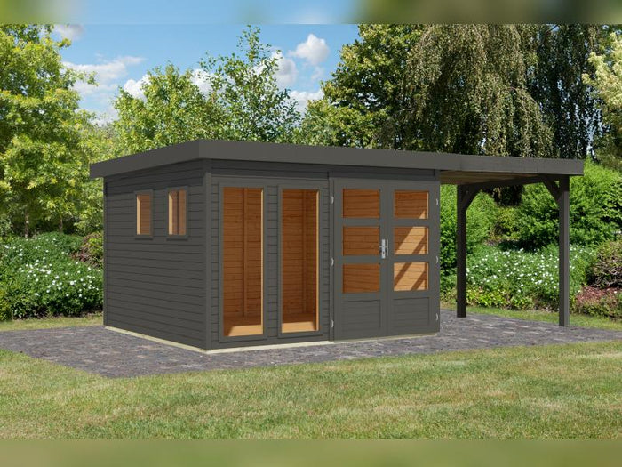 Karibu Gartenhaus Lahar 6, terragrau komplett, inkl. Anbaudach 2,40 m Breite