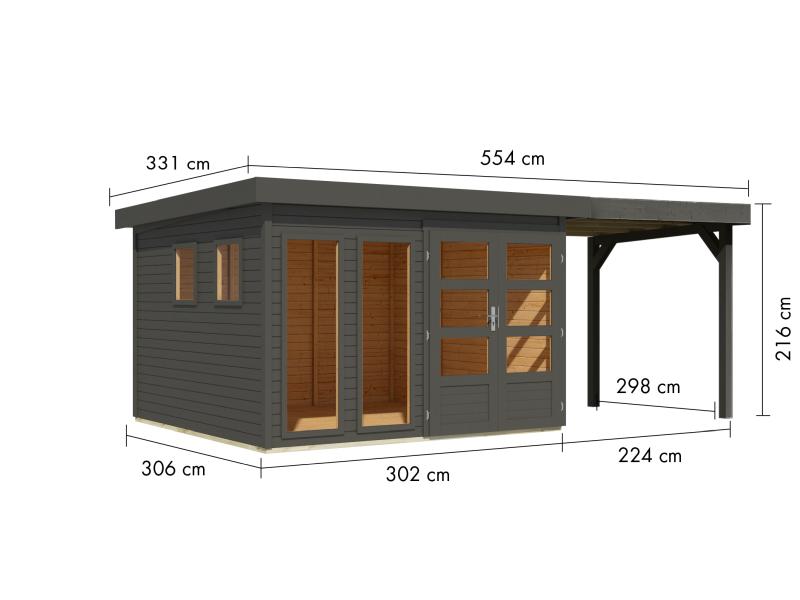 Karibu Gartenhaus Lahar 6, terragrau komplett, inkl. Anbaudach 2,40 m Breite