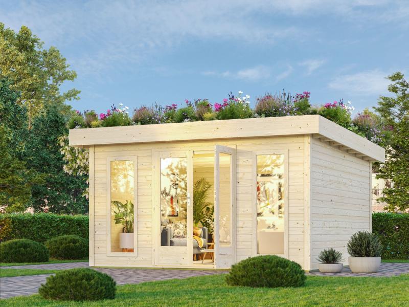 Karibu Gartenhaus Lotus, natur, inkl. selbstklebende Dachbahn, Vlies, Wurzelschutzfolie (für Dachbeg