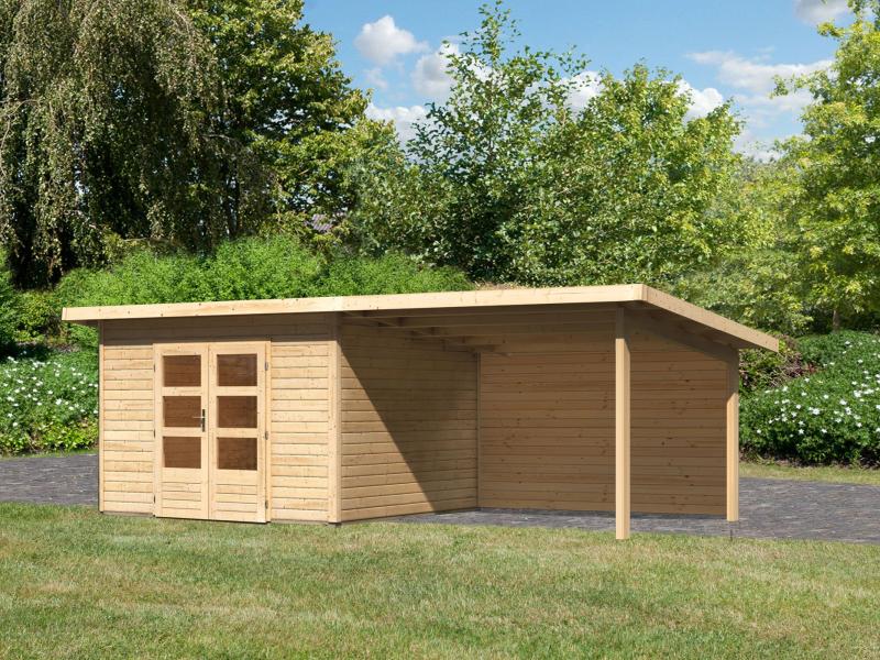 Karibu Gartenhaus Northeim 3 natur mit Anbaudach 3,0 Meter inkl. Rückwand