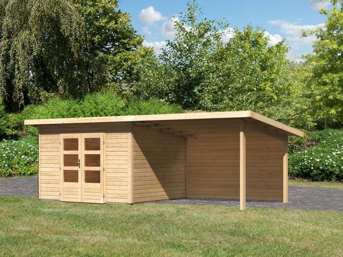 Karibu Gartenhaus Northeim 3 natur mit Anbaudach 3,0 Meter inkl. Rückwand