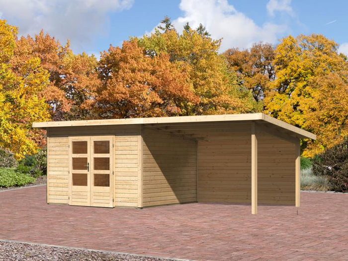 Karibu Gartenhaus Northeim 3 natur mit Anbaudach 3,0 Meter inkl. Rückwand