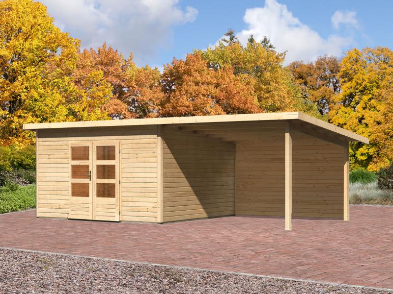 Karibu Gartenhaus Northeim 5 natur mit Anbaudach 3 m inkl. Rückwand