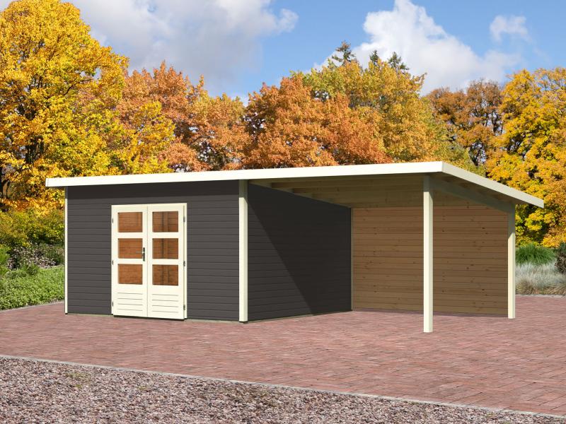 Karibu Gartenhaus Northeim 5 terragrau mit Anbaudach 3 m inkl. Rückwand