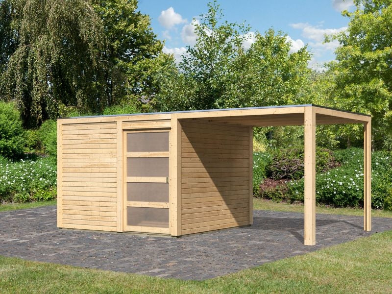 Karibu Gartenhaus Qubic 2 natur inkl. 2,70 m Anbaudach