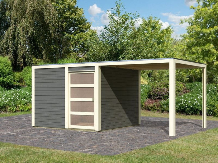 Karibu Gartenhaus Qubic 2 terragrau inkl. 2,70 m Anbaudach
