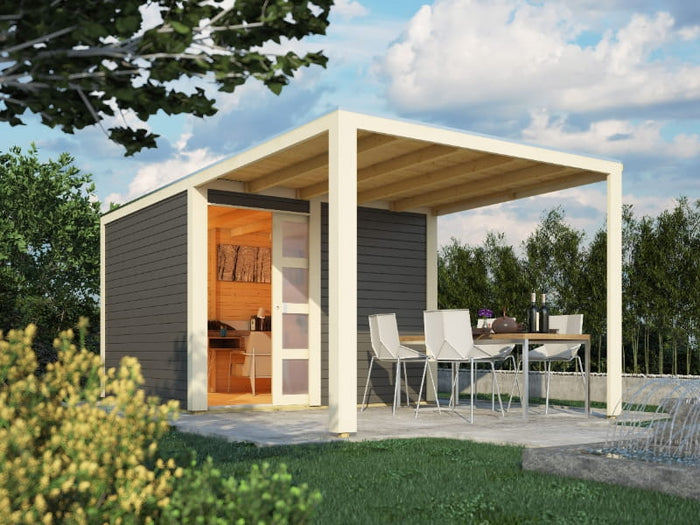 Karibu Gartenhaus Qubic 2 terragrau inkl. 2,70 m Anbaudach