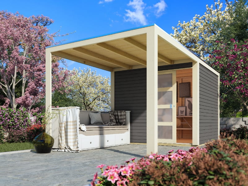 Karibu Gartenhaus Qubic in terragrau mit Anbaudach