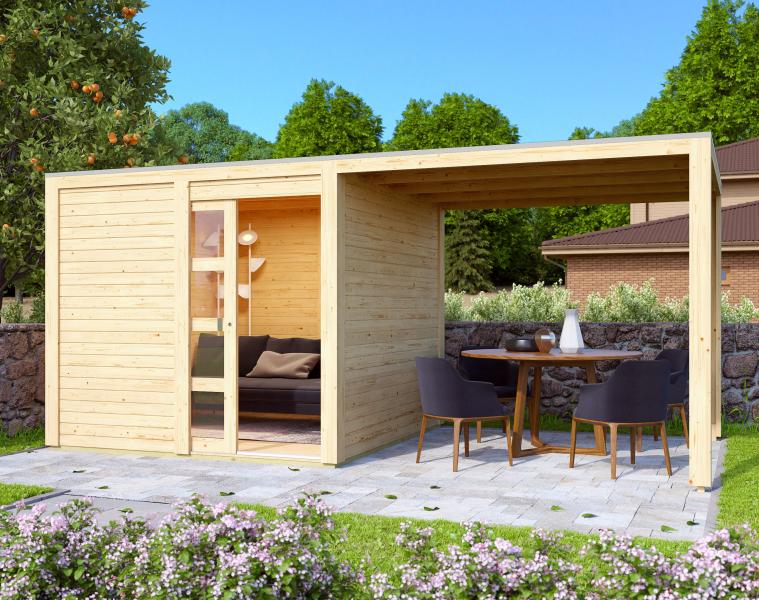 Karibu Gartenhaus Qubic natur mit Anbaudach