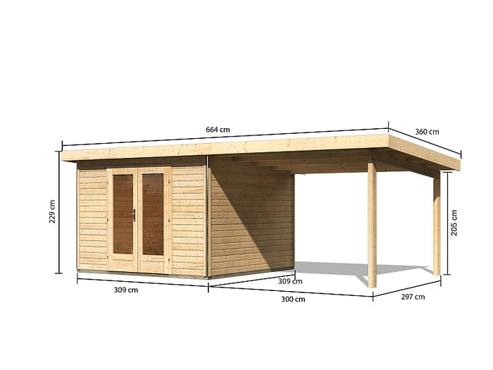 Karibu Gartenhaus Radeburg 1 natur mit Anbaudach 3,3 m