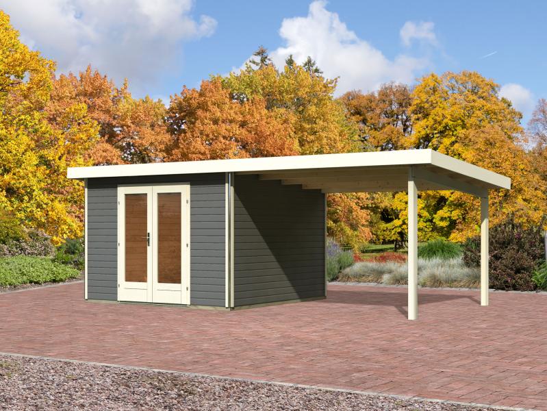 Karibu Gartenhaus Radeburg 1 terragrau mit Anbaudach 3,3 m