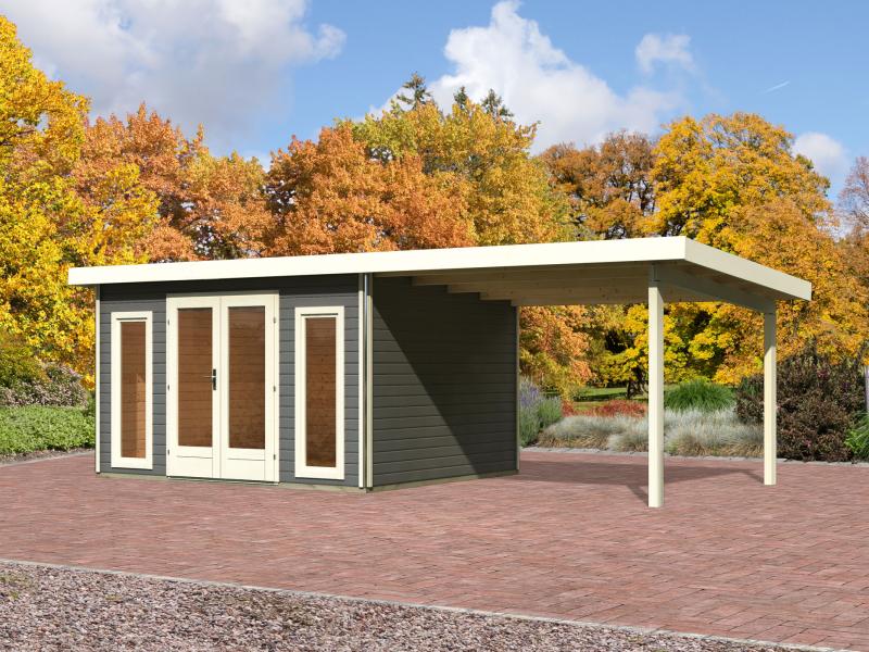 Karibu Gartenhaus Radeburg 2 terragrau 38 mm mit Anbaudach 3,3 m