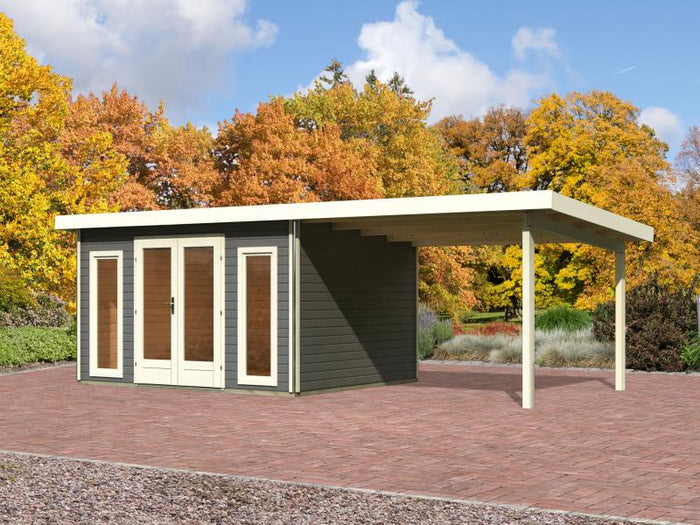 Karibu Gartenhaus Radeburg 2 terragrau 38 mm mit Anbaudach 3,3 m