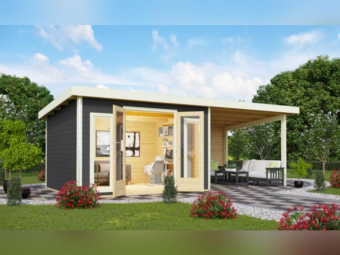 Karibu Gartenhaus Radeburg 2 terragrau mit Anbaudach 3,3 m und Rückwand