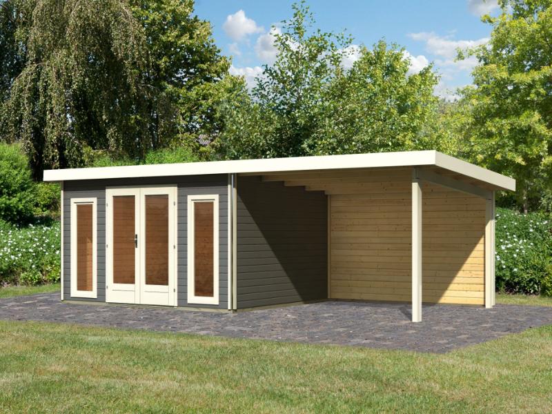 Karibu Gartenhaus Radeburg 2 terragrau mit Anbaudach 3,3 m und Rückwand