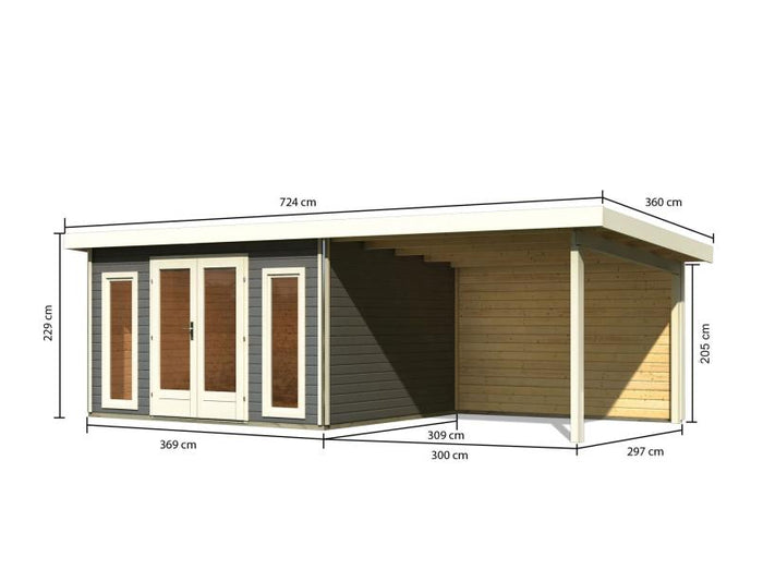 Karibu Gartenhaus Radeburg 2 terragrau mit Anbaudach 3,3 m und Rückwand