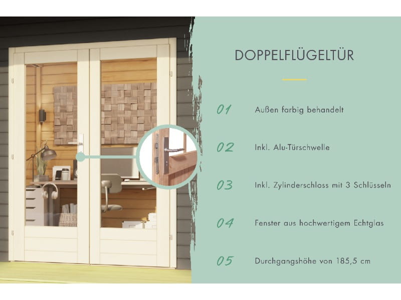 Karibu Gartenhaus Radeburg 2 terragrau mit Anbaudach 3,3 m und Rückwand