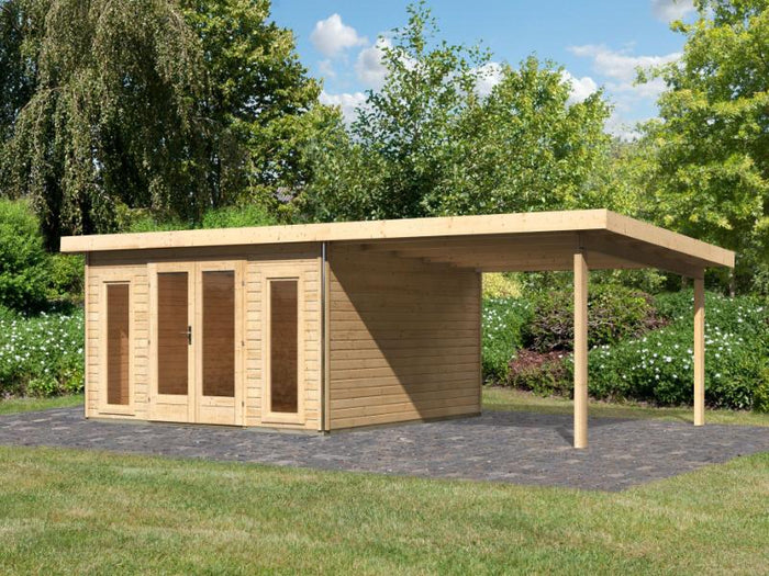 Karibu Gartenhaus Radeburg 3 natur mit Anbaudach 3,3 m