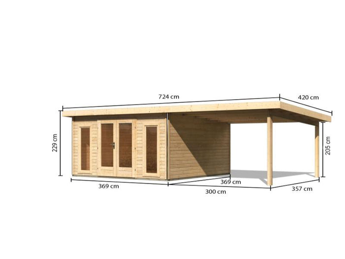 Karibu Gartenhaus Radeburg 3 natur mit Anbaudach 3,3 m und Rückwand