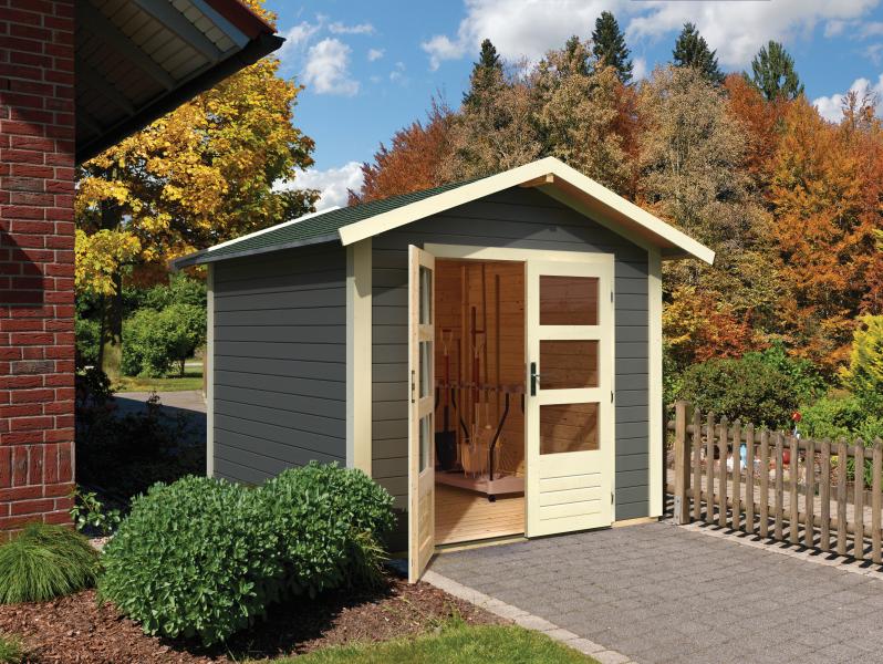 Karibu Gartenhaus Ravenna 1 terragrau, inkl. Fußboden und Dachschindeln (schwarz)