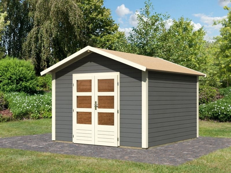 Karibu Gartenhaus Ravenna 3 terragrau, inkl. Fußboden und Dacheindeckung (Schindeln schwarz)