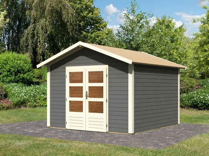 Karibu Gartenhaus Ravenna 3 terragrau, inkl. Fußboden und Dacheindeckung (Schindeln schwarz)