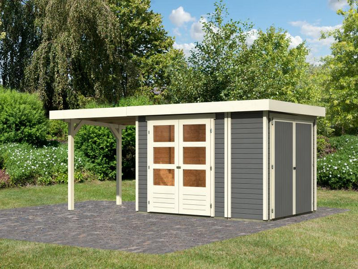 Karibu Gartenhaus Retola 2 , terragrau mit Anbauschrank, inkl. Anbaudach 2,40 Meter