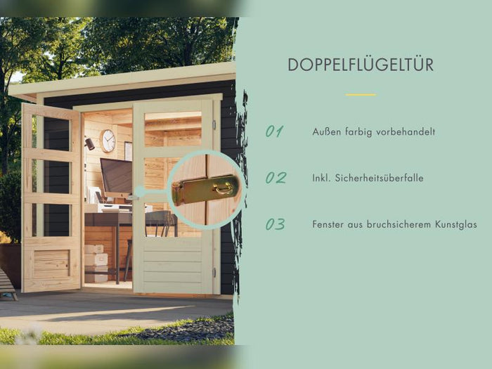 Karibu Gartenhaus Retola 2 in terragrau mit 2,80 Meter Anbaudach