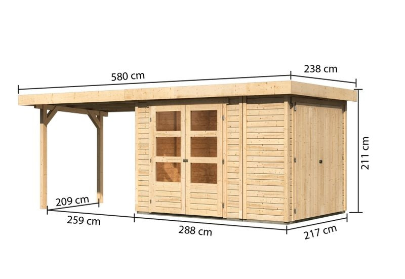 Karibu Gartenhaus Retola 2 natur mit Anbauschrank und 2,80 Meter Anbaudach