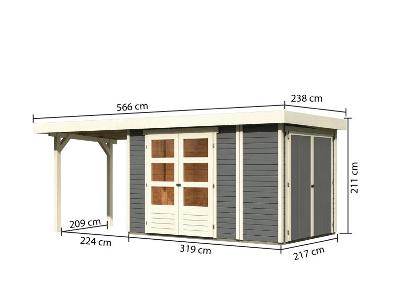 Karibu Gartenhaus Retola 3 in terragrau mit Anbaudach 2,40 Meter und Anbauschrank