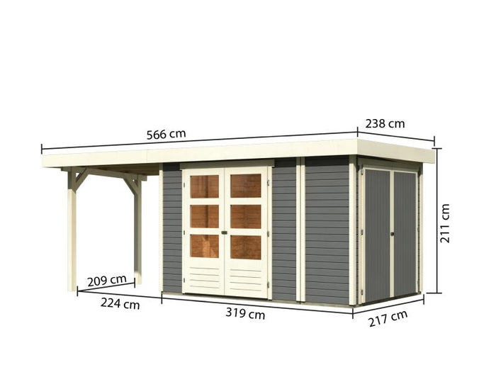 Karibu Gartenhaus Retola 3 in terragrau mit Anbaudach 2,40 Meter und Anbauschrank