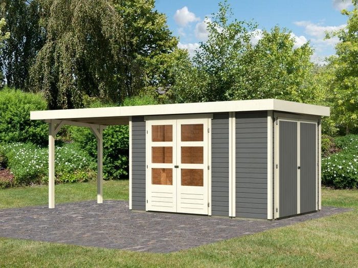 Karibu Gartenhaus Retola 3 in terragrau mit Anbauschrank und Anbaudachdach 2,80 Meter