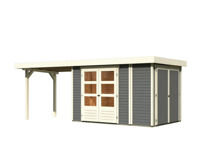Karibu Gartenhaus Retola 3 in terragrau mit Anbauschrank und Anbaudachdach 2,80 Meter