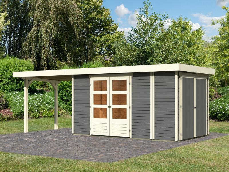 Karibu Gartenhaus Retola 5 mit Anbauschrank und Anbaudach 2,80 Meter, terragrau