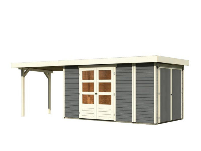 Karibu Gartenhaus Retola 5 mit Anbauschrank und Anbaudach 2,80 Meter, terragrau
