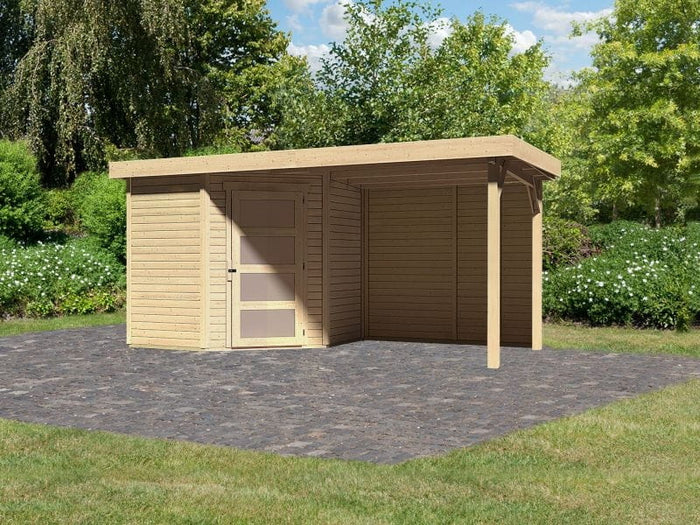 Karibu Gartenhaus Schwandorf 3 natur mit Anbaudach 2,4 m, Rückwand