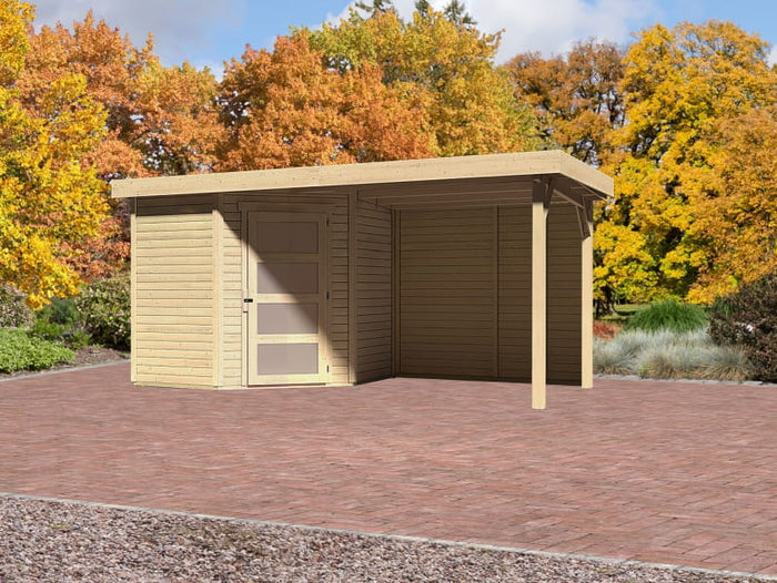 Karibu Gartenhaus Schwandorf 3 natur mit Anbaudach 2,4 m, Rückwand