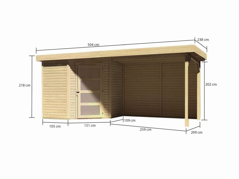 Karibu Gartenhaus Schwandorf 3 natur mit Anbaudach 2,8 m inkl. Rückwand