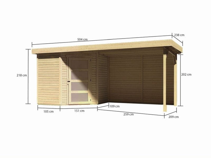 Karibu Gartenhaus Schwandorf 3 natur mit Anbaudach 2,8 m inkl. Rückwand