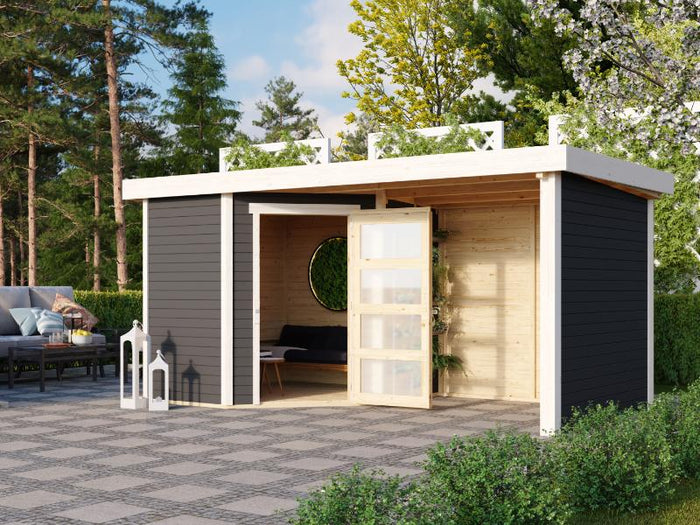Karibu Gartenhaus Schwandorf 3 terragrau mit Anbaudach 2,40 Meter, Seiten- und Rückwand