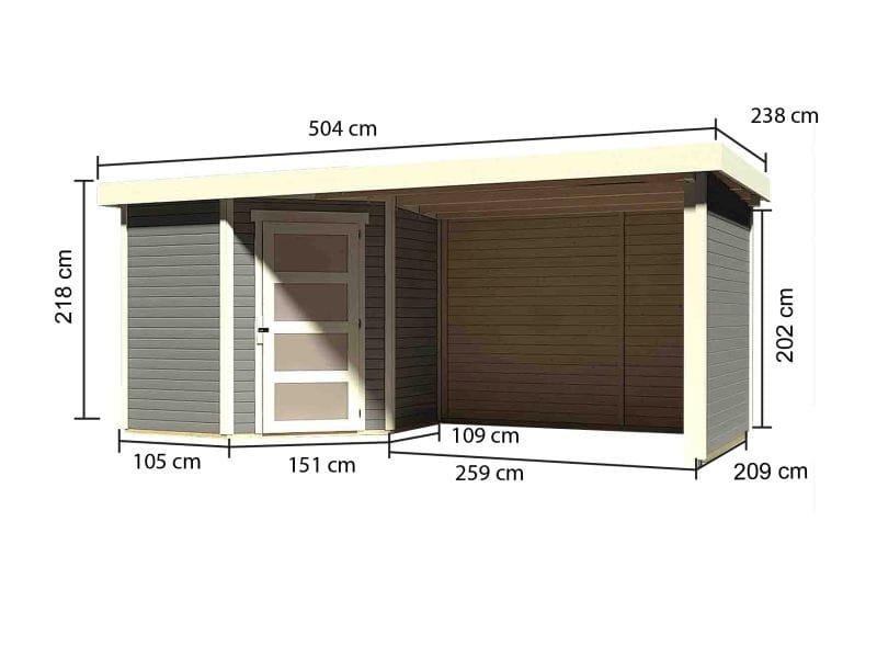 Karibu Gartenhaus Schwandorf 3 terragrau mit Anbaudach 2,75 Meter, Seiten- und Rückwand