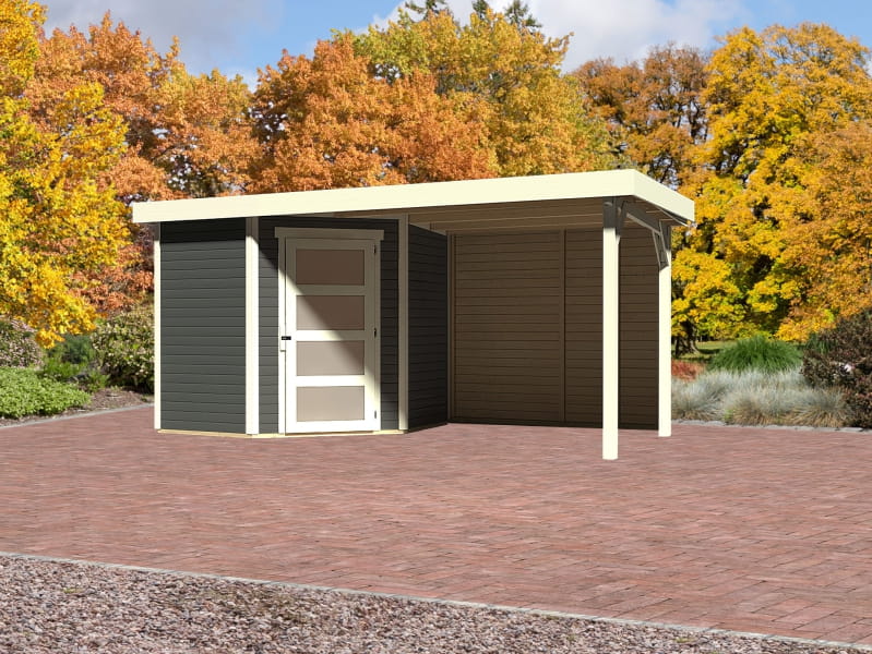 Karibu Gartenhaus Schwandorf 3 terragrau mit Anbaudach 2,4 m, Rückwand