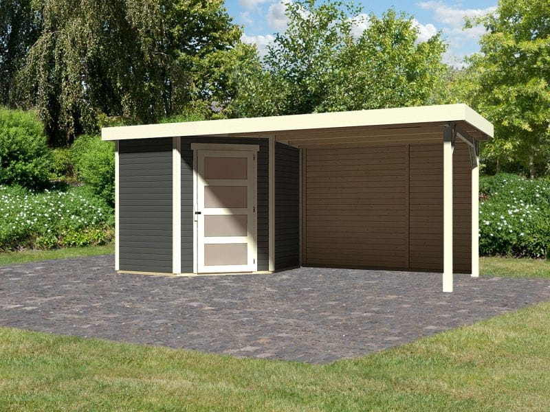 Karibu Gartenhaus Schwandorf 3 terragrau mit Anbaudach 2,8 m inkl. Rückwand